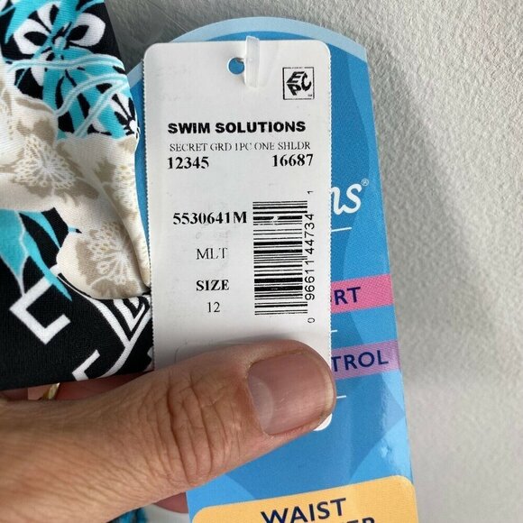 Swim Solutions $98 One Shoulder Floral One-Piece Swimsuit Size 12 - Picture 4 of 7